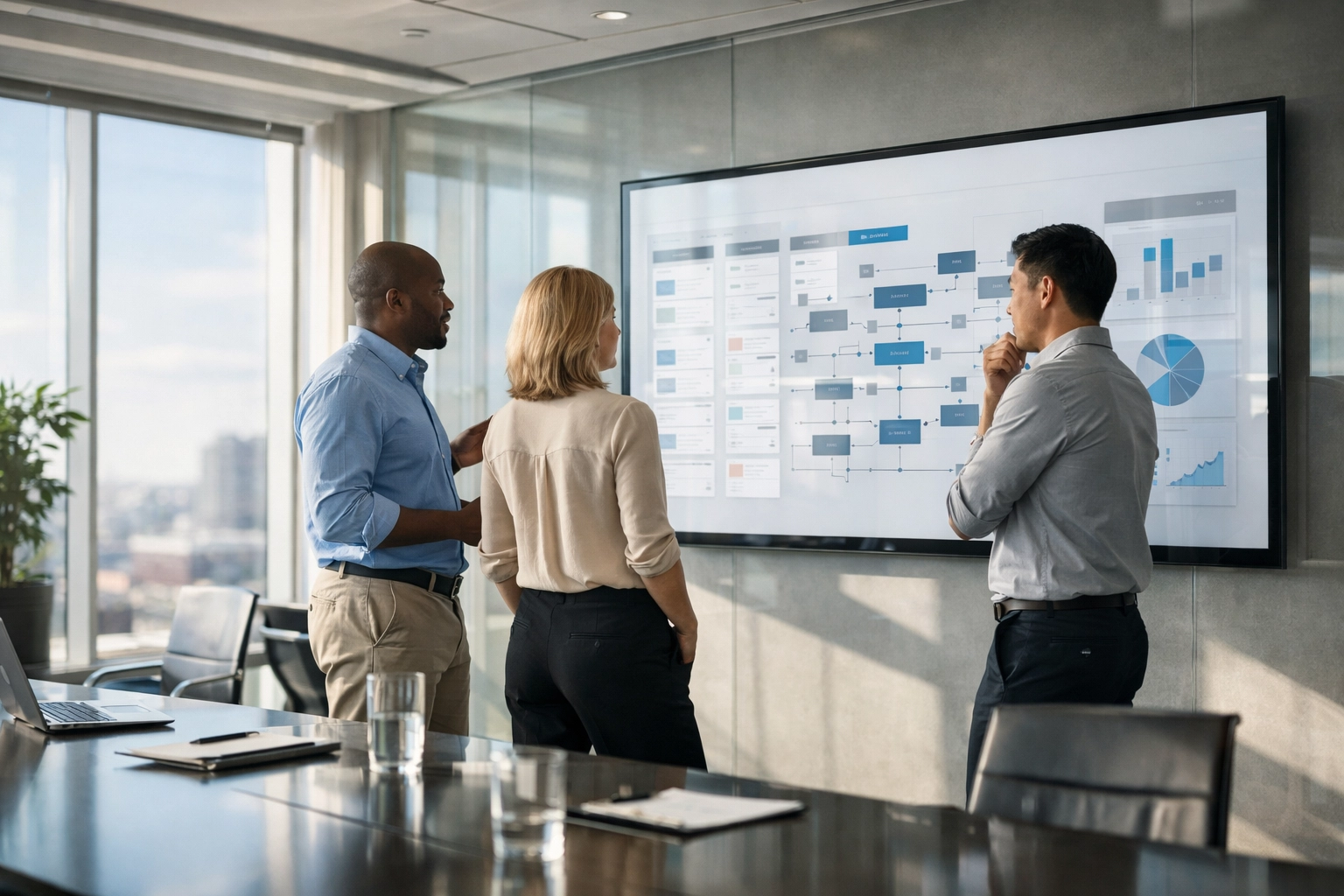 Business professionals optimizing media workflows and communication strategies in a modern corporate office.