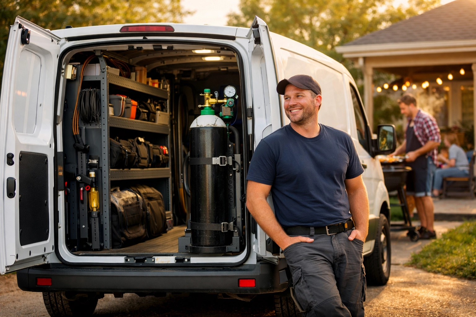 An HVAC service van with a secured nitrogen cylinder, highlighting reliable gas supply for trade and domestic use.