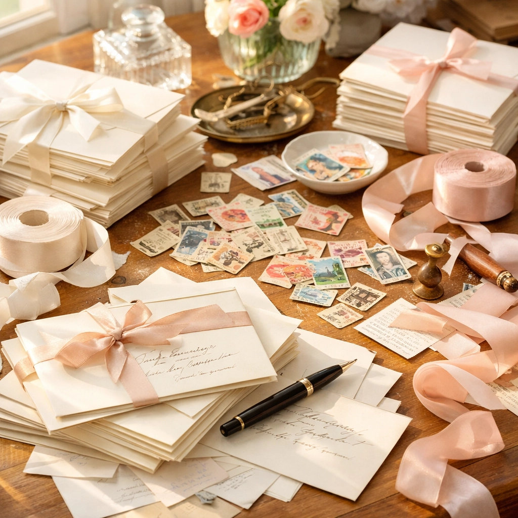Stacks of traditional wedding envelopes and stamps on a desk representing high paper RSVP costs.