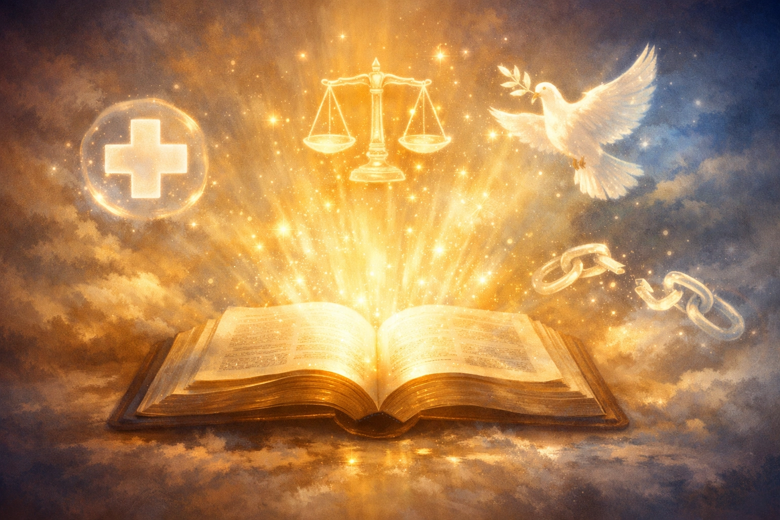 Open Bible with light and symbols representing biblical wisdom for justice and peace
