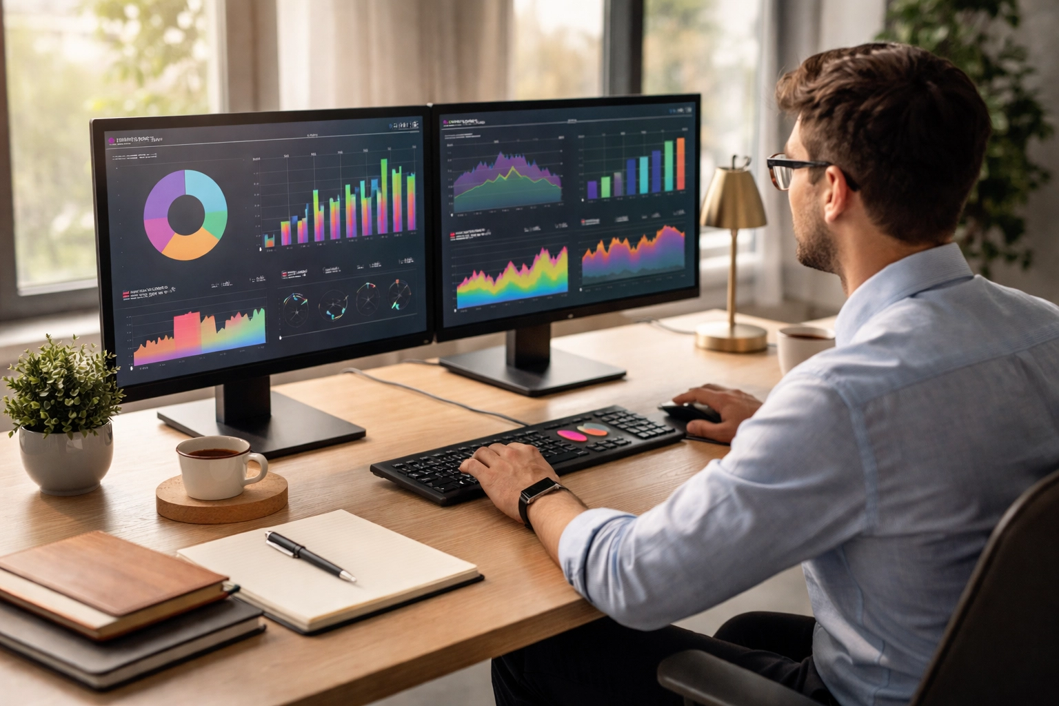 Marketing professional reviewing campaign analytics for sponsorship activation solutions at a modern desk