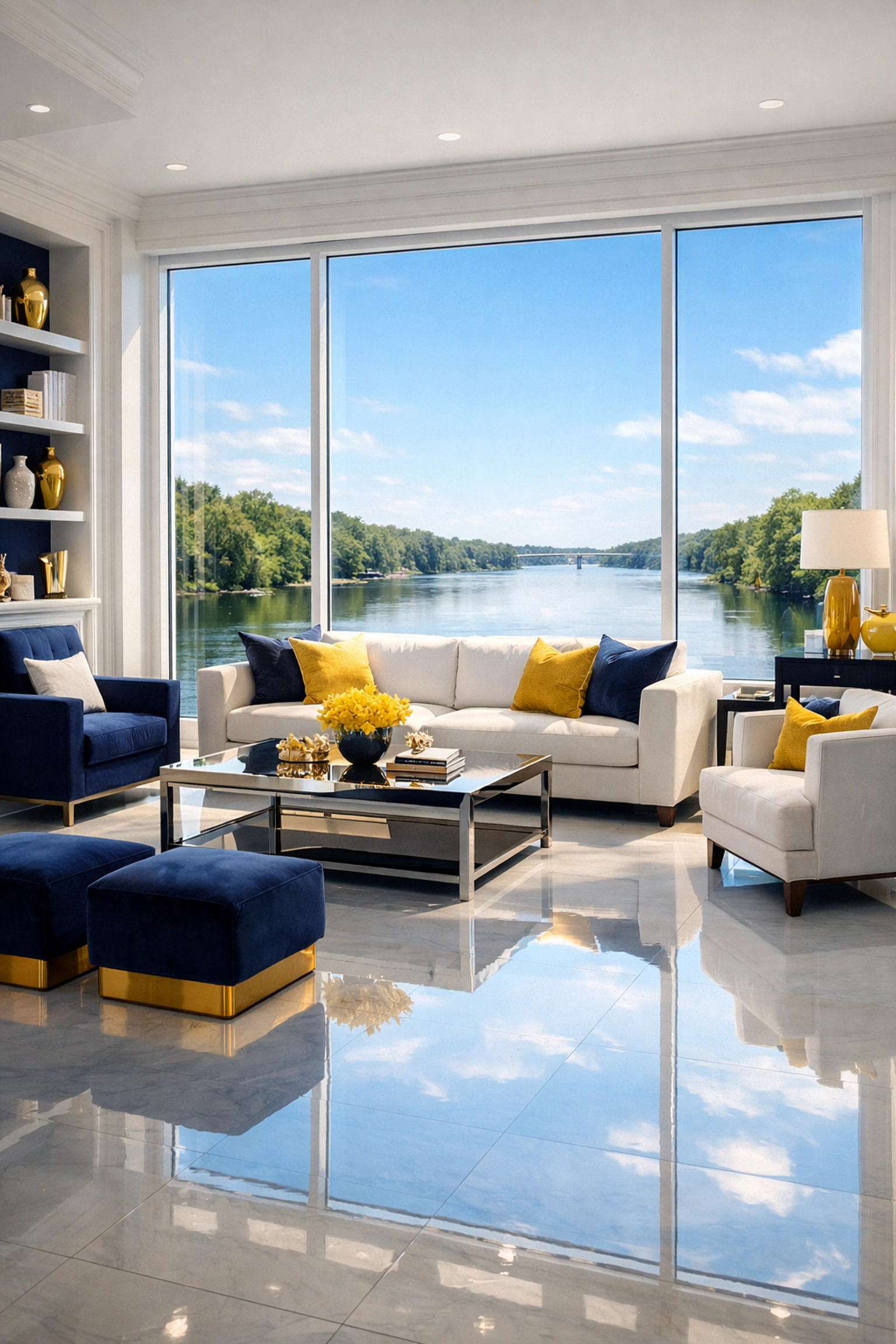Clean Lowell living room with river views after an expert move-in/move-out cleaning service.