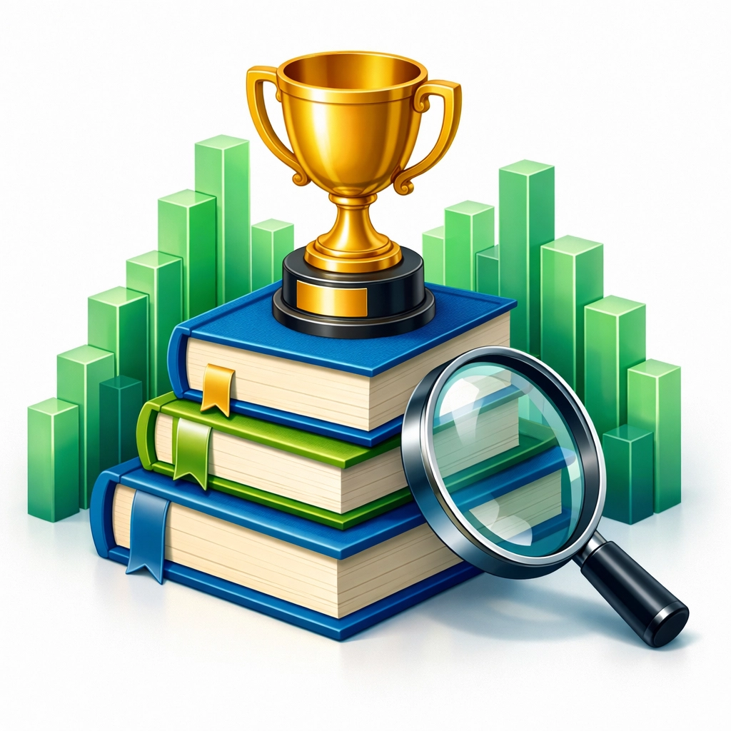 A golden trophy and growth charts symbolizing successful SEO and search engine rankings for a small business.