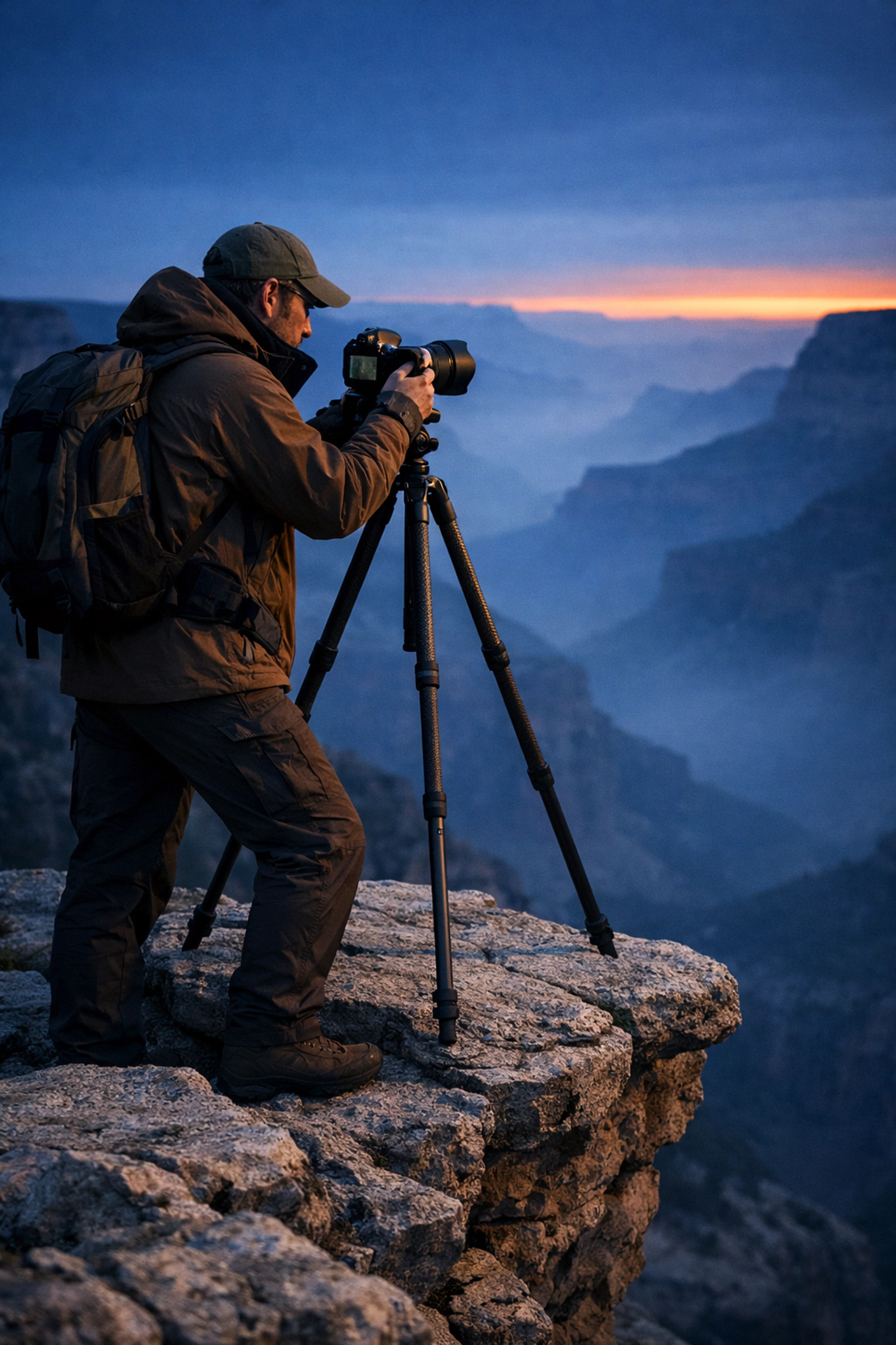 A pro photographer on a misty canyon ledge, ready to capture the best sunrise spots.