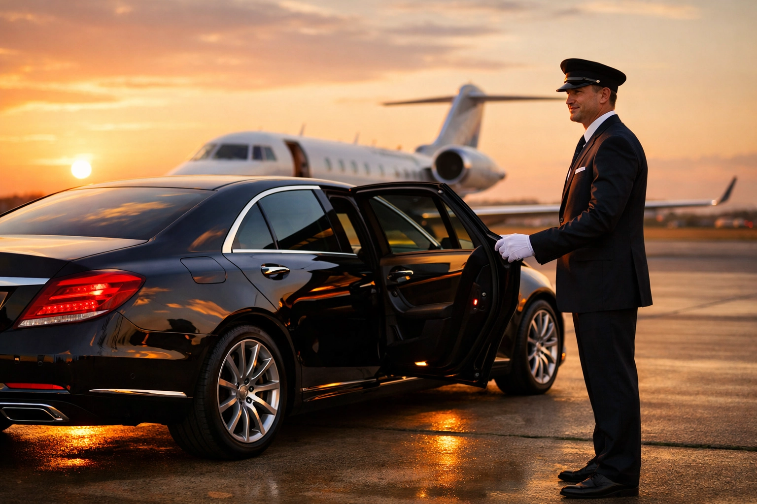 Super Bowl Corporate Travel Secrets Revealed: What Fortune 500 Companies Know About Brand Visibility Professional chauffeur opening door of luxury sedan for corporate executive at private airport