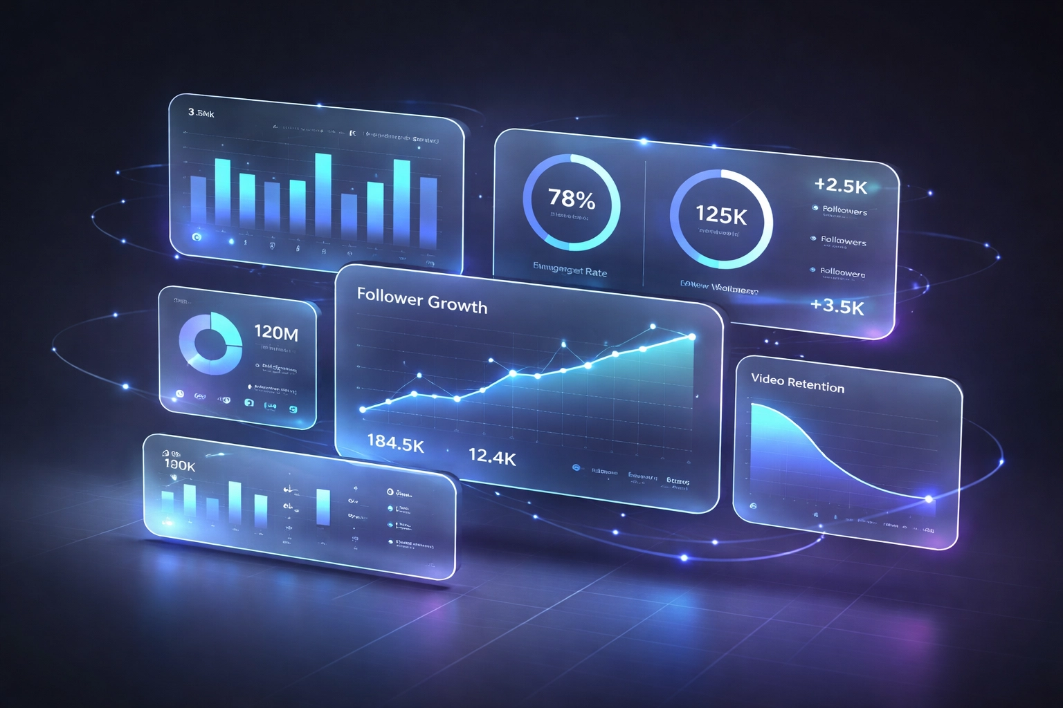 Minimalistic digital dashboard with bar charts and engagement metrics, showcasing advanced creator analytics tools