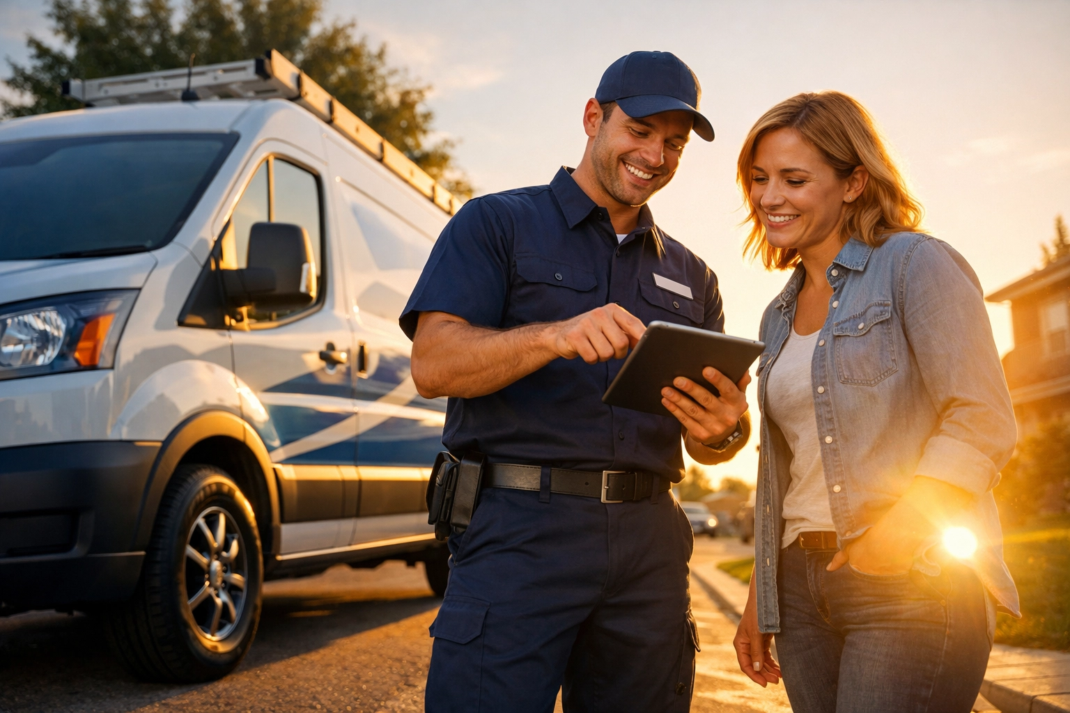 Professional service technician and homeowner showing local business trust and high-quality service.