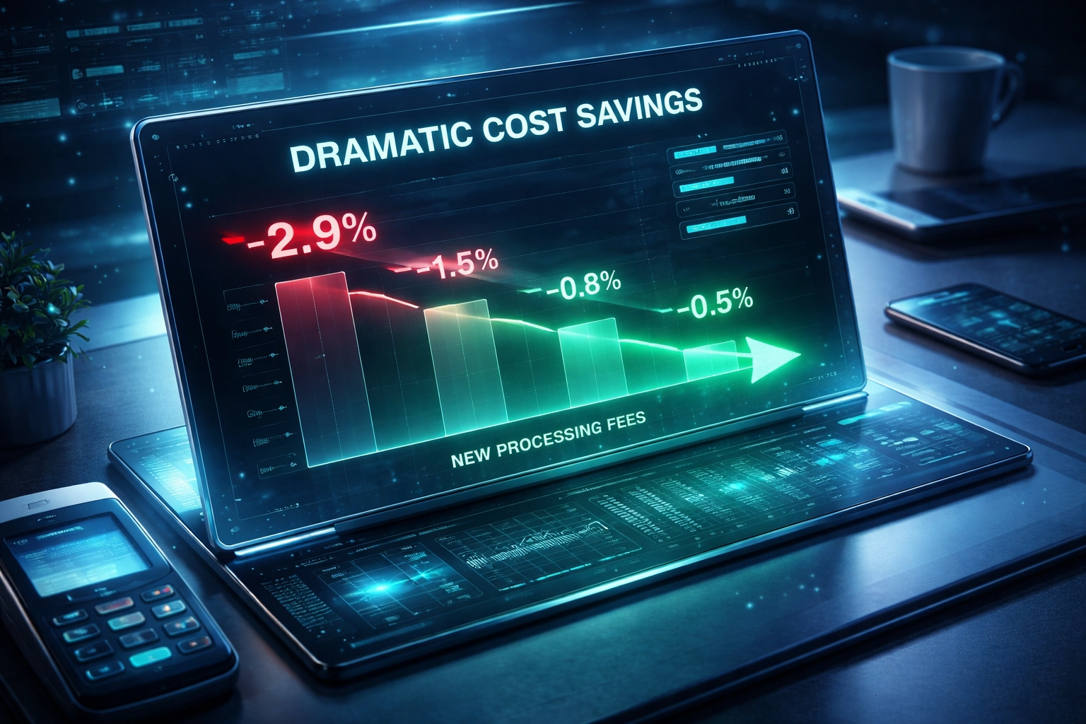 Digital dashboard showing reduced payment processing fees and merchant savings for Web3 global payments solutions