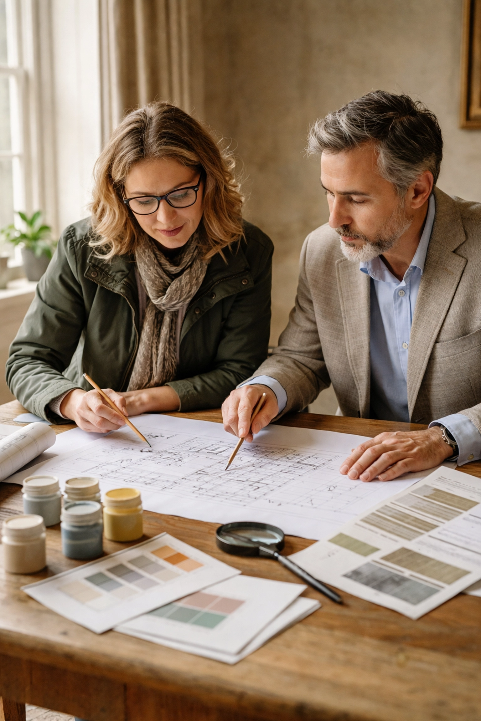 Conservation officer and heritage decorator reviewing listed building plans together
