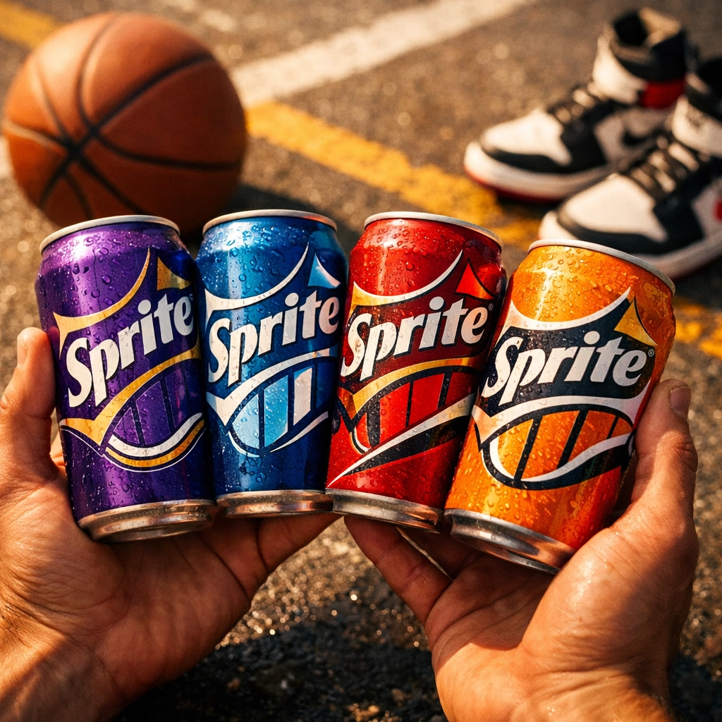 Limited-edition Sprite NBA team cans displayed on basketball court with vibrant team colors