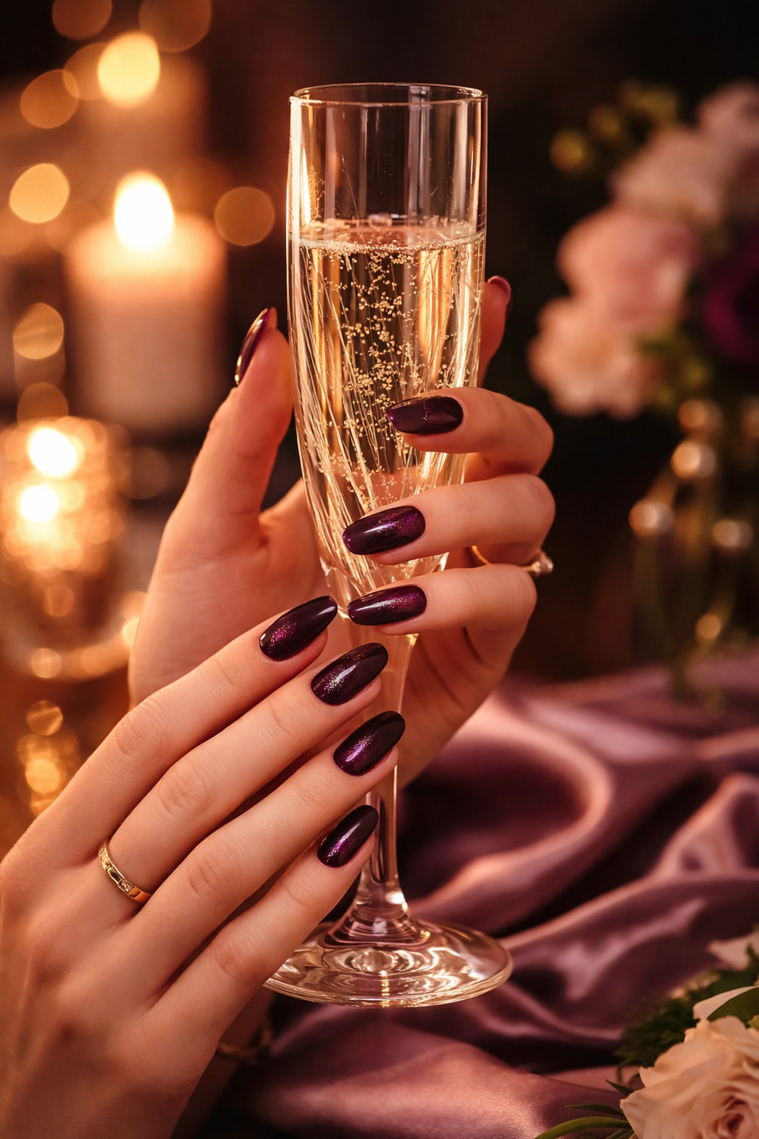 Sophisticated hands with plum cat-eye magnet nails holding a crystal flute at an upscale event, chic and elegant.