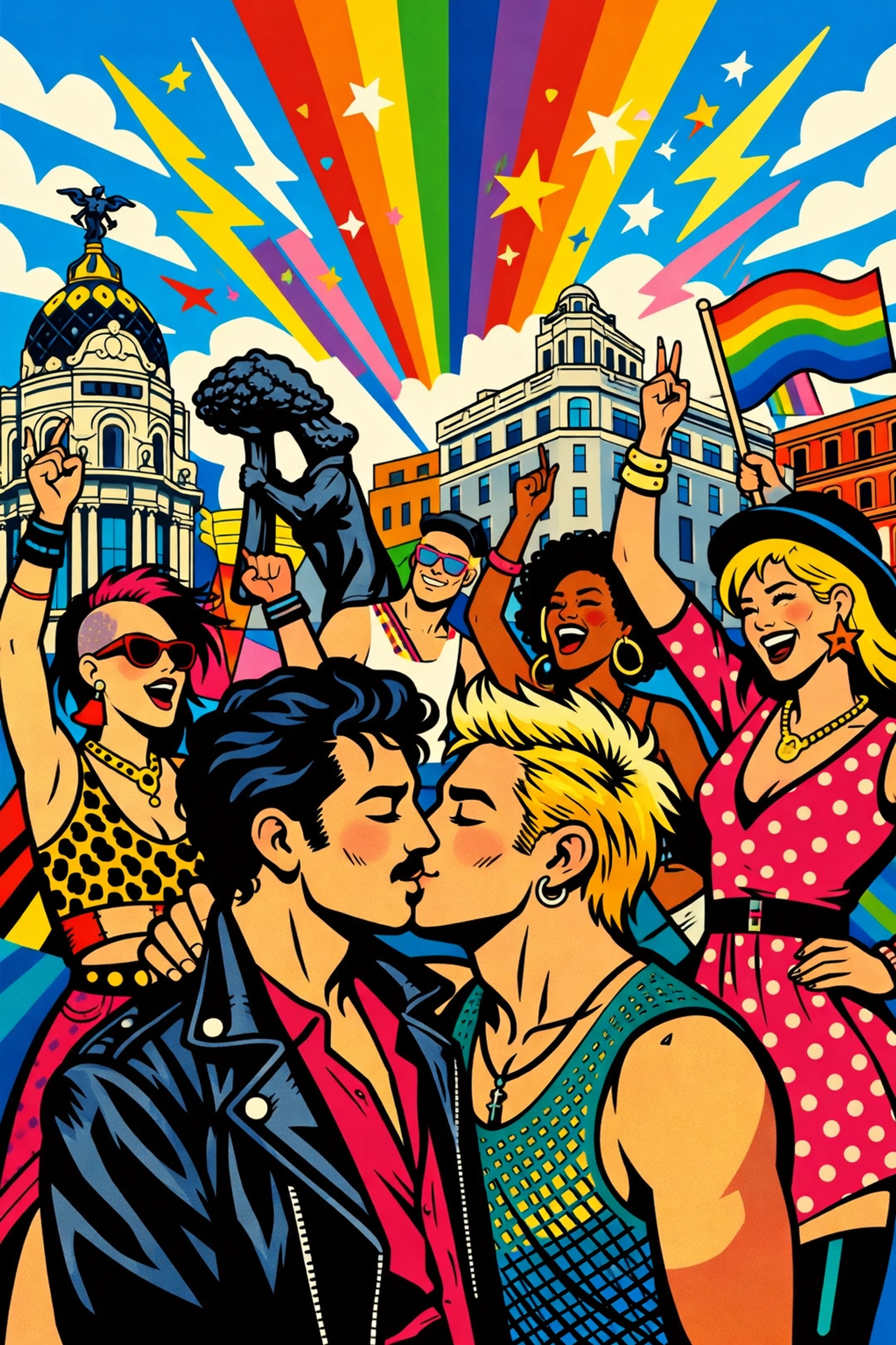LGBTQ+ street celebration in Madrid during La Movida cultural revolution in Spain