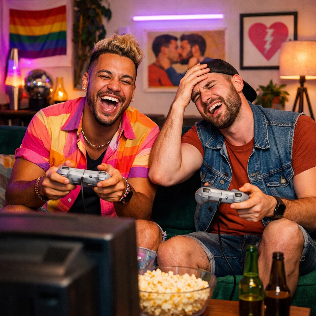 Two gay men building community and having fun during a nostalgic retro video game night.