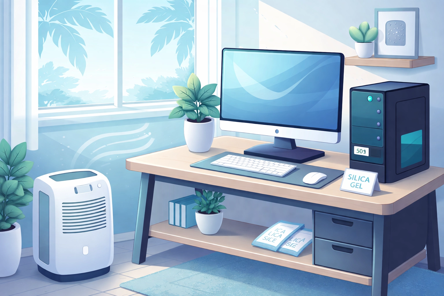 Home office setup with computer protected by dehumidifier and silica gel, ideal for Venice FL managed IT services