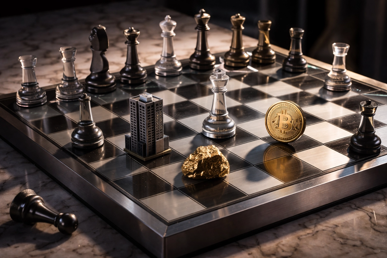 Chessboard featuring symbols of real estate, gold, and digital assets, representing strategic asset allocation