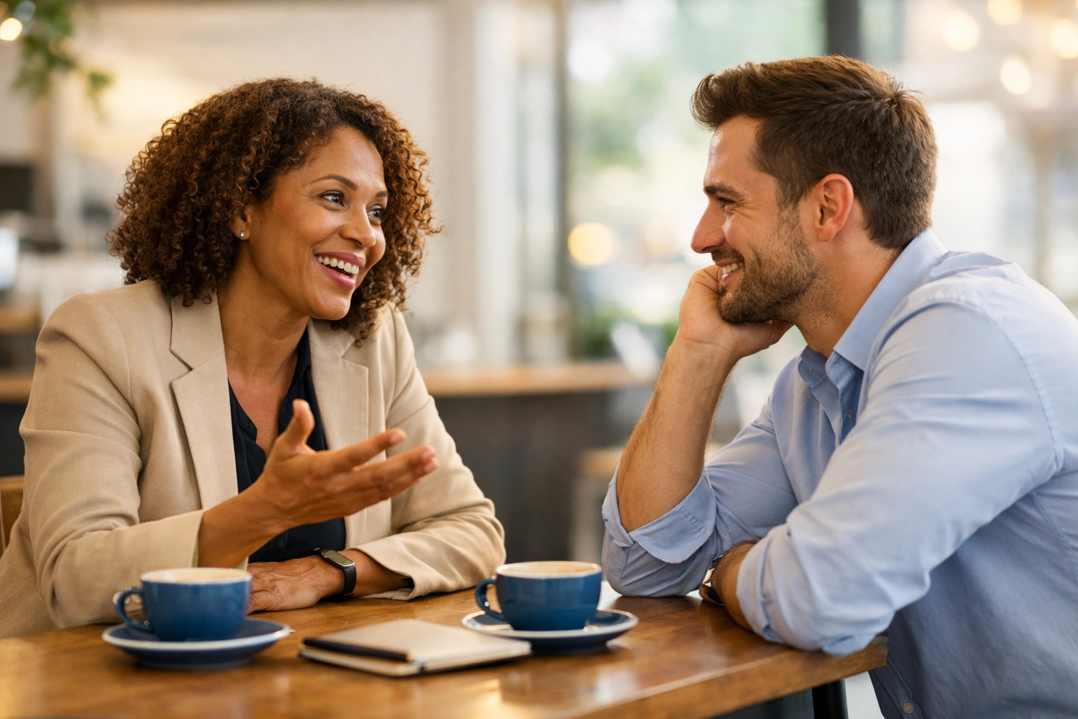 Nonprofit fundraiser having conversation with donor prospect demonstrating active listening