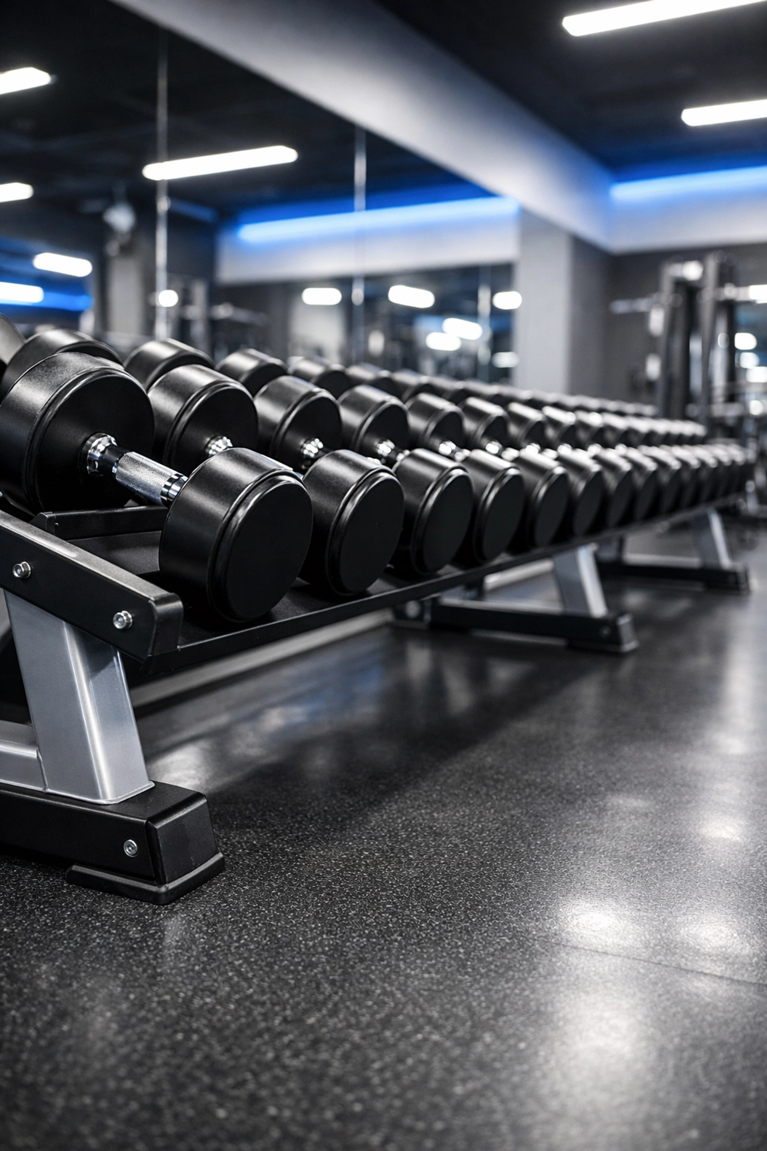 Sanitized dumbbells and weight rack in a clean Harvard, MA fitness center.