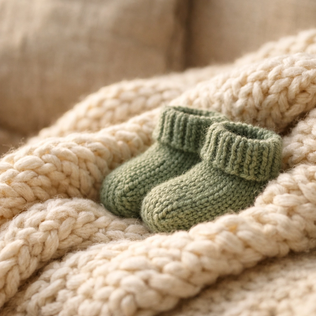 Soft knitted baby blanket and socks, symbolizing gentle postpartum recovery and emotional support for new parents.