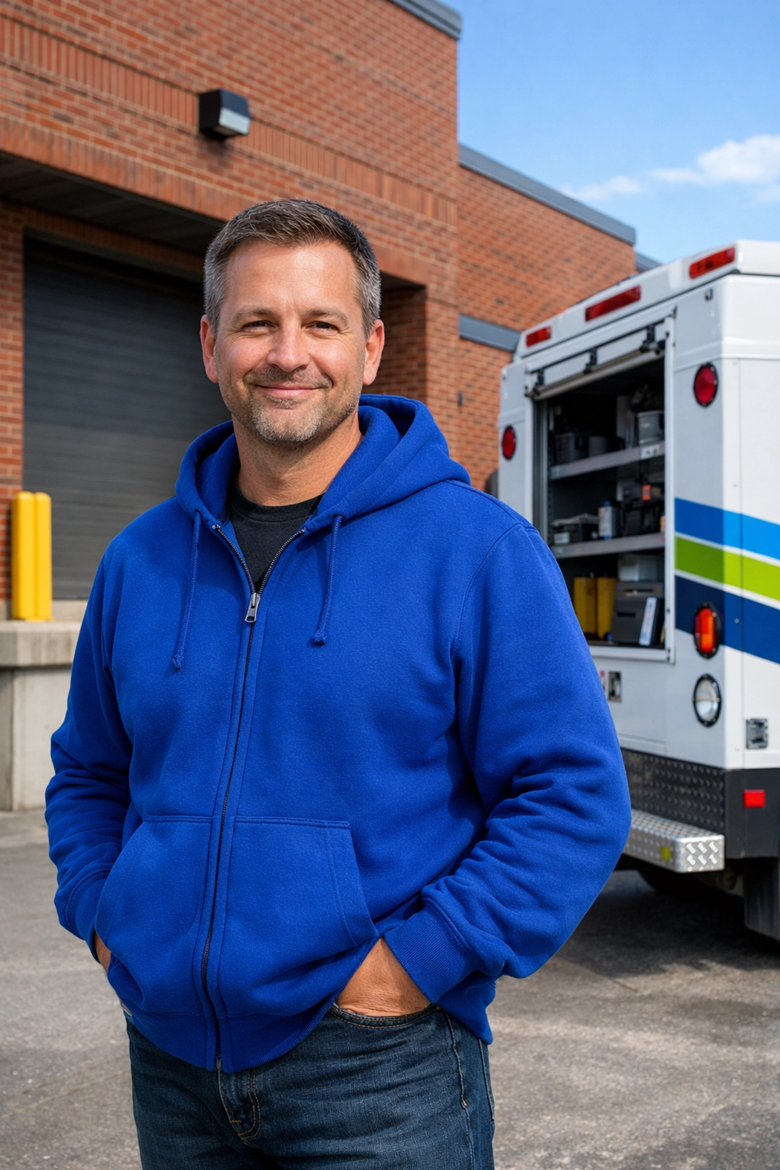 Professional Newmarket commercial waste removal expert at a clean business loading dock with service truck.