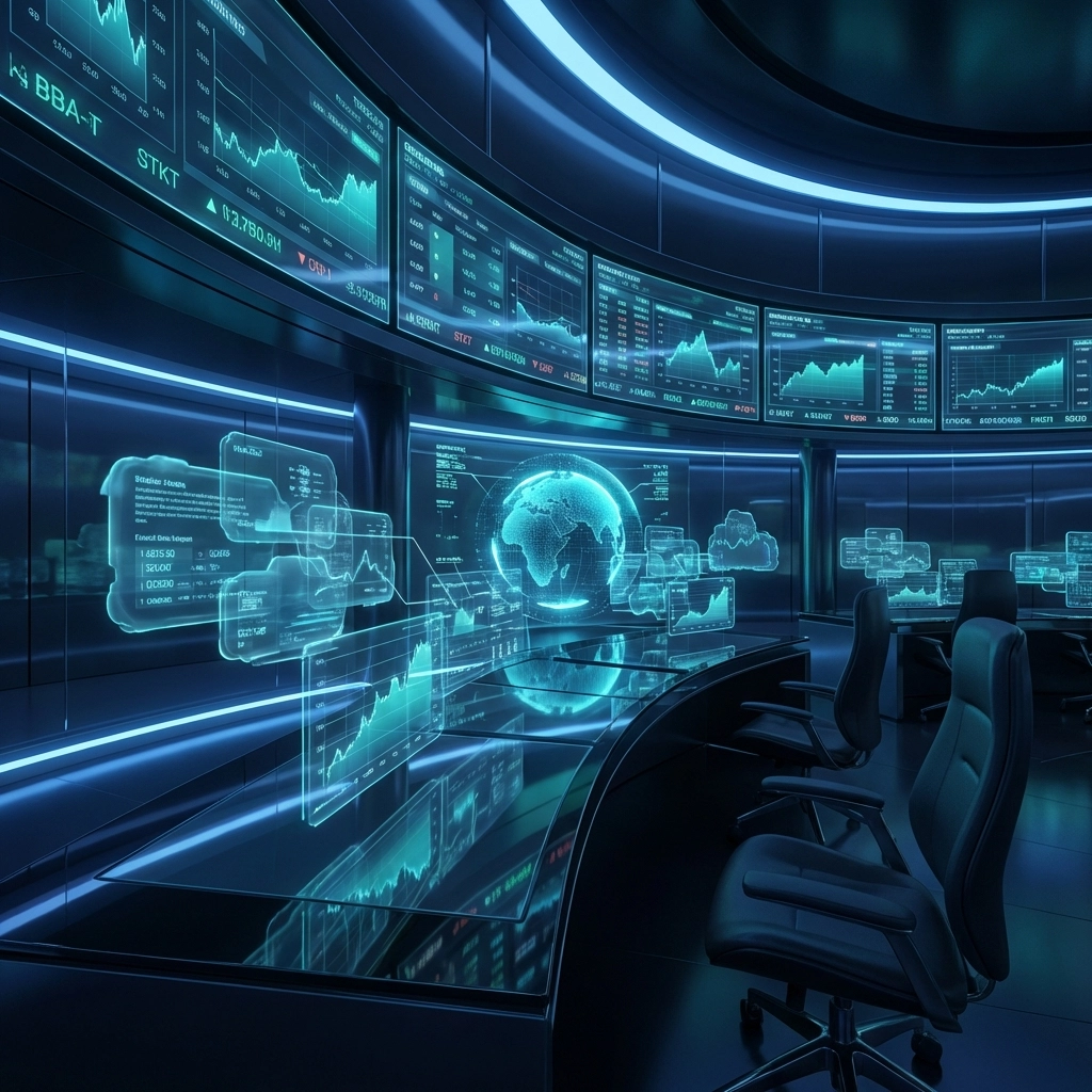 Modern financial control room displaying market data and hedge fund strategy analytics for 2026