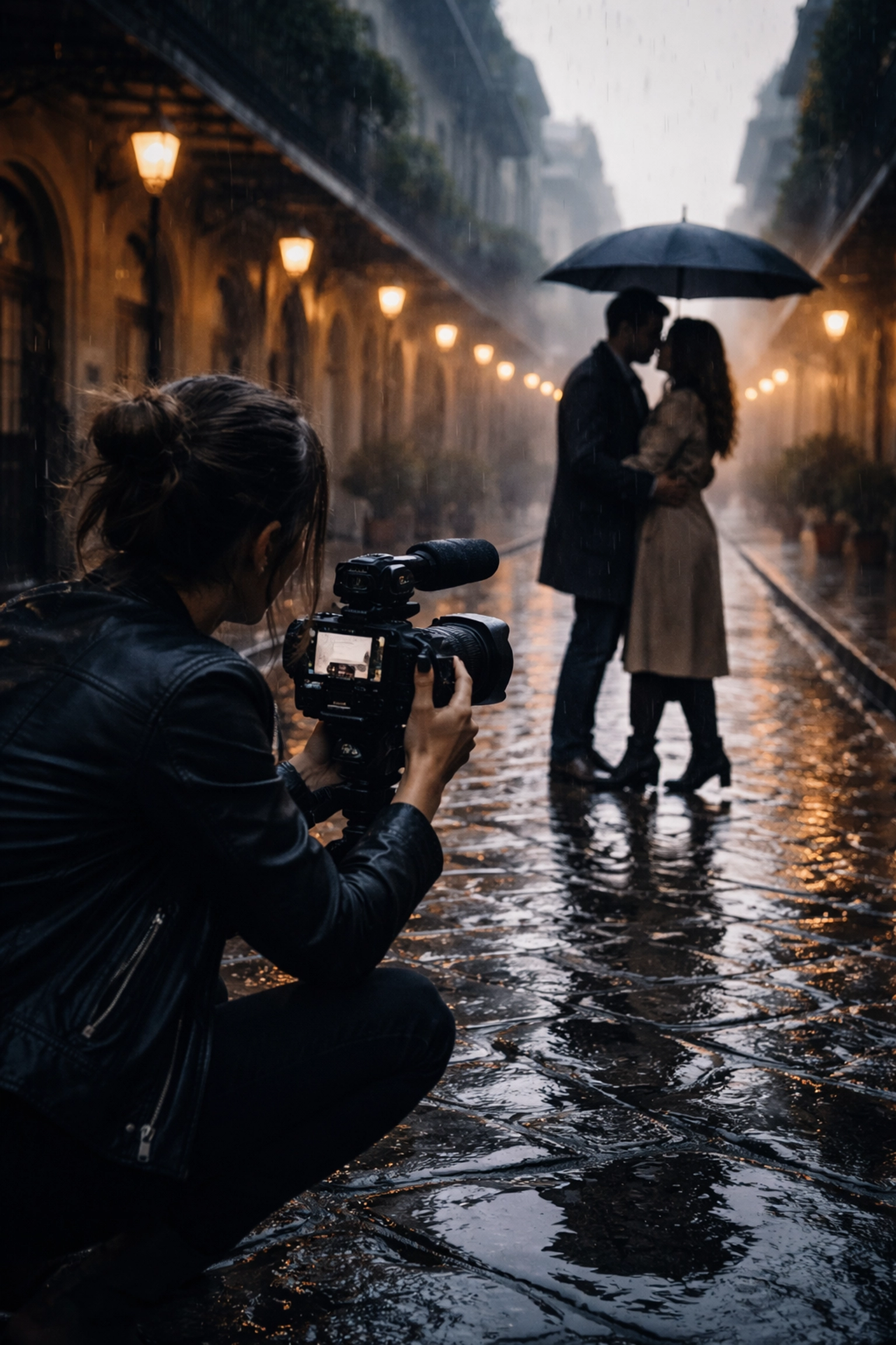 Cinematic shot of a female videographer filming a couple during a rainy wedding day in the French Quarter, New Orleans