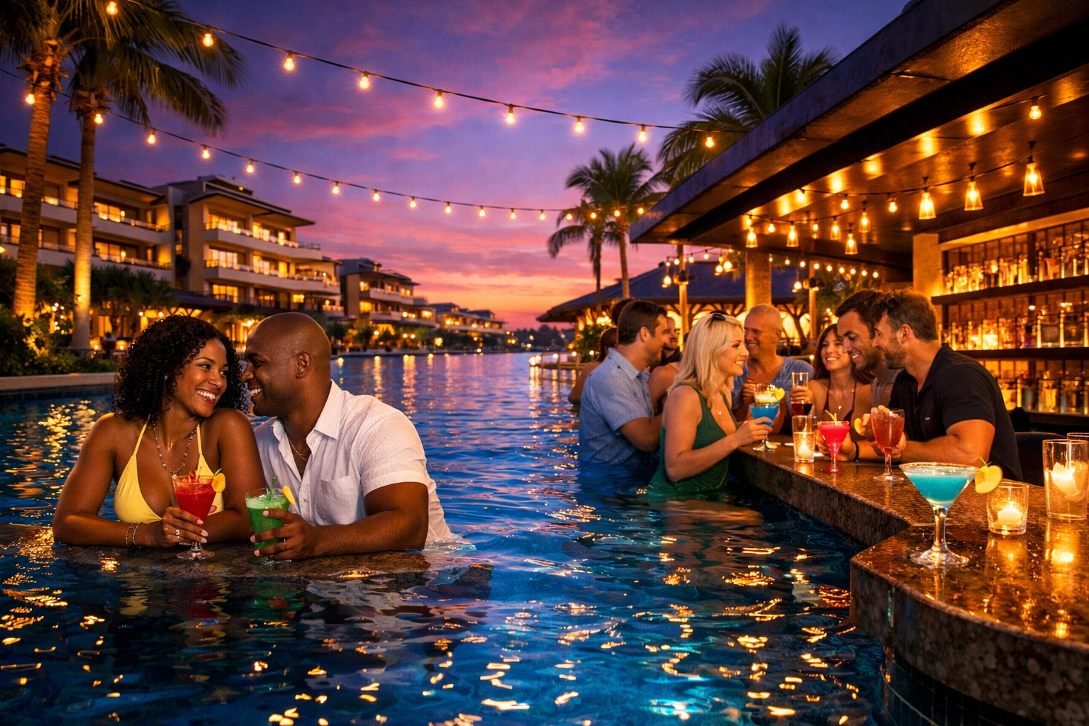 Secrets resort infinity pool with adults socializing at swim-up bar in Mexico at sunset