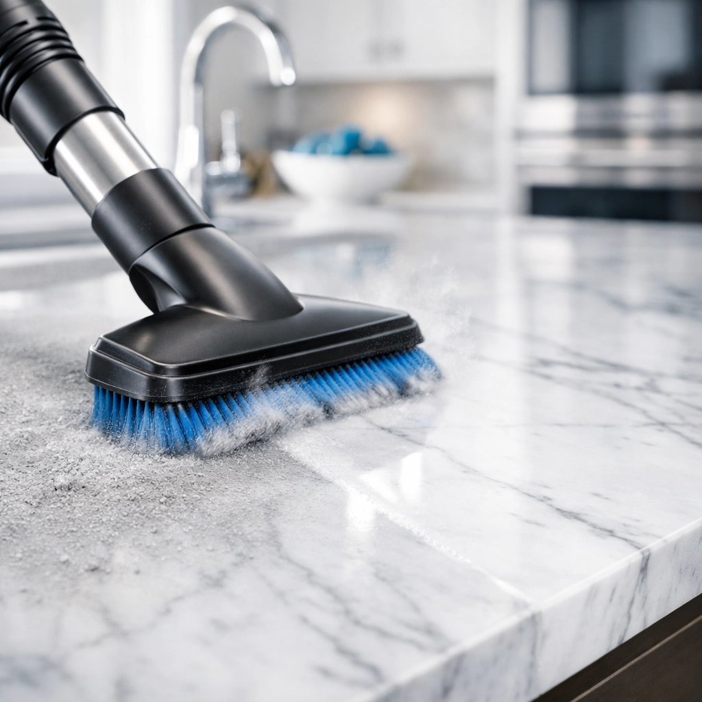 Close-up of vacuuming construction dust from a luxury white marble countertop using a soft brush.