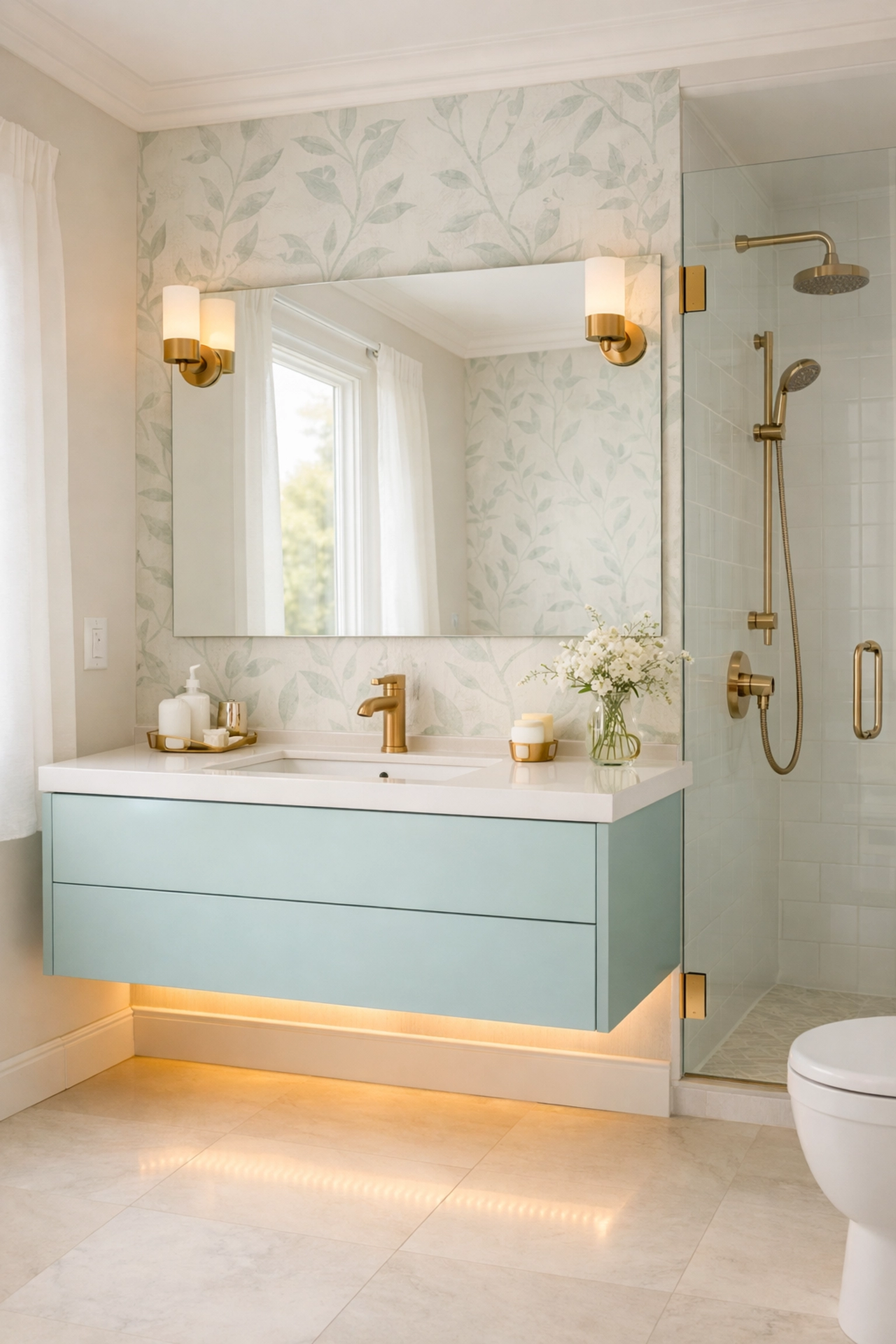 Elegant bathroom design featuring large mirror, accent lighting and botanical wallpaper