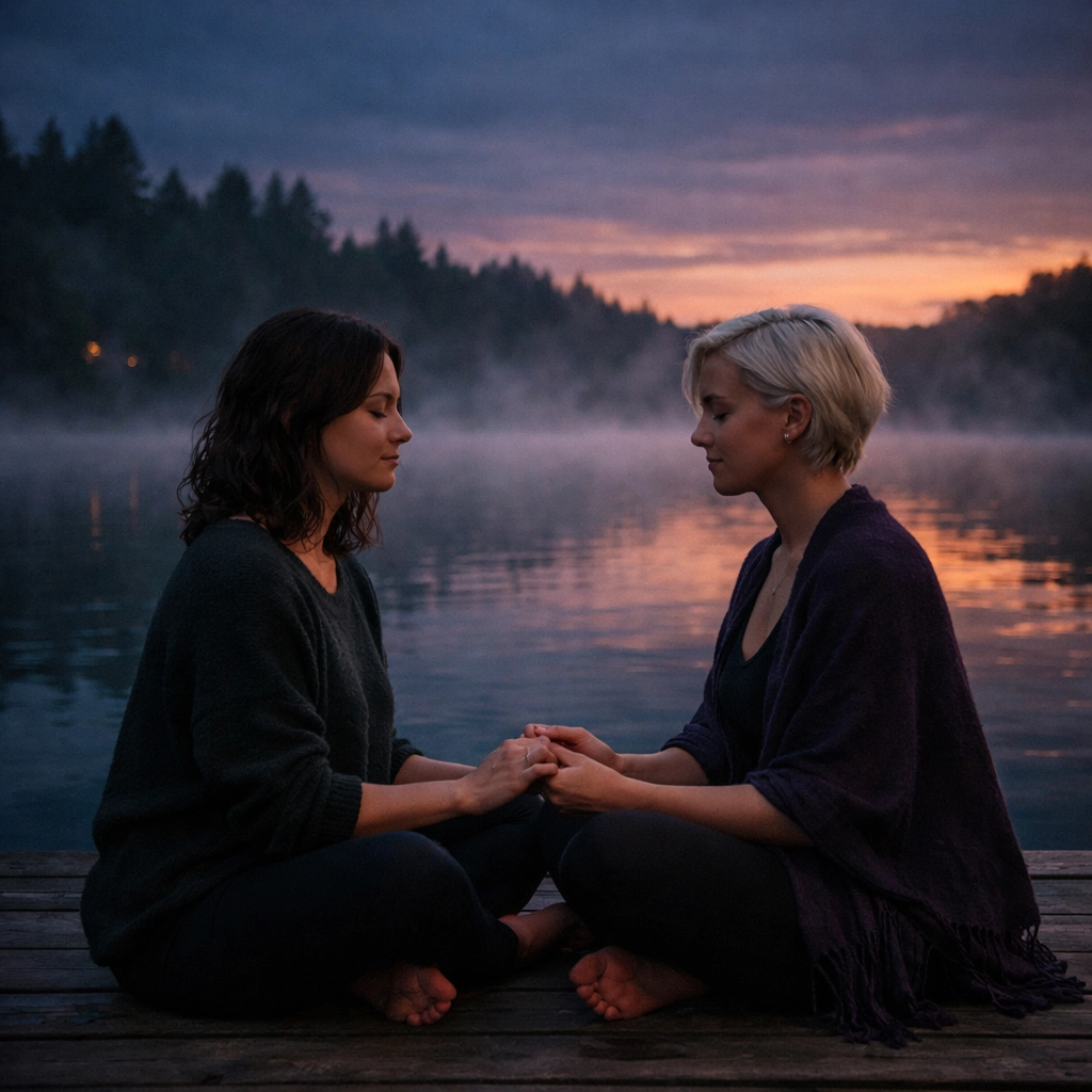Two women meditating together by a lake, finding deep meaning in queer spirituality.