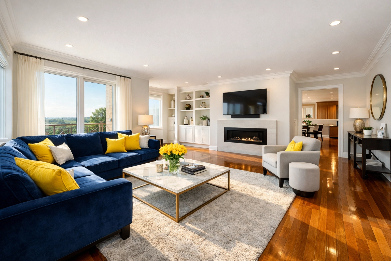 Spotless modern living room in Worcester MA showing professional house cleaning and polished floors.