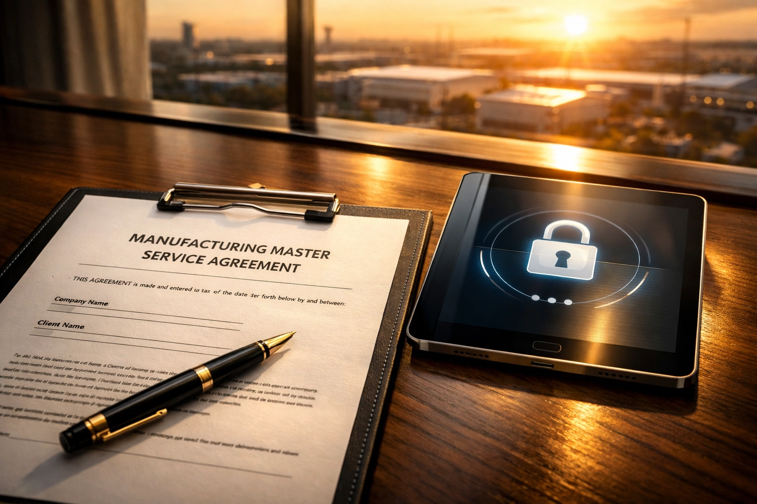 Manufacturing contract and secure tablet representing mandatory cyber insurance for Connecticut defense contractors.
