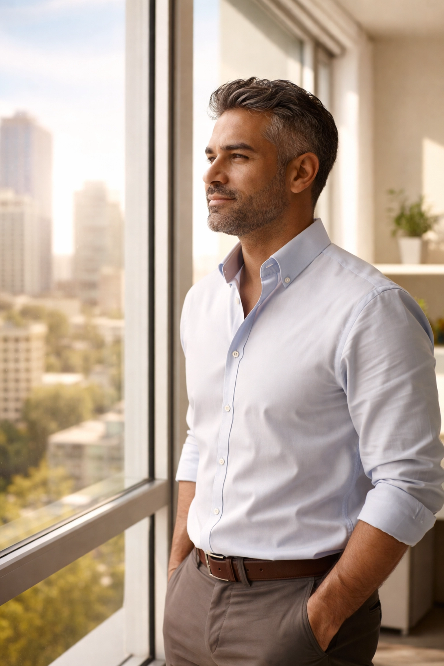 Professional reflecting by office window, finding clarity and renewed motivation for the afternoon