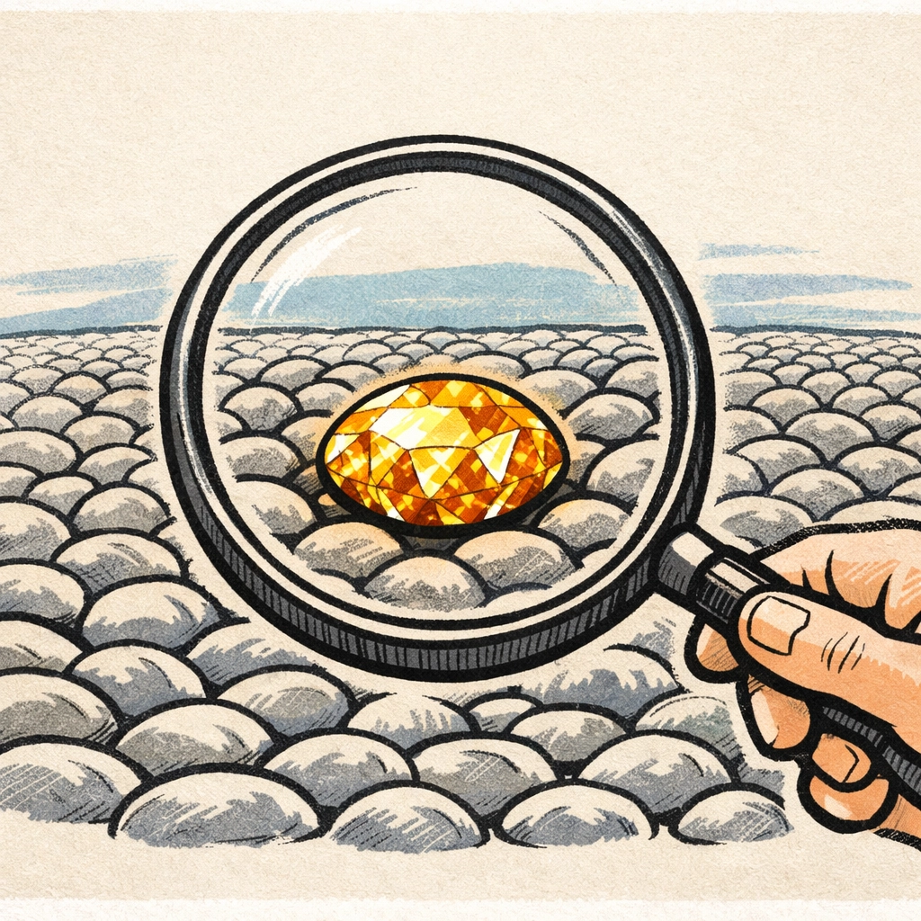 Illustration of a magnifying glass uncovering a gemstone, representing getting specific with your personal brand story.