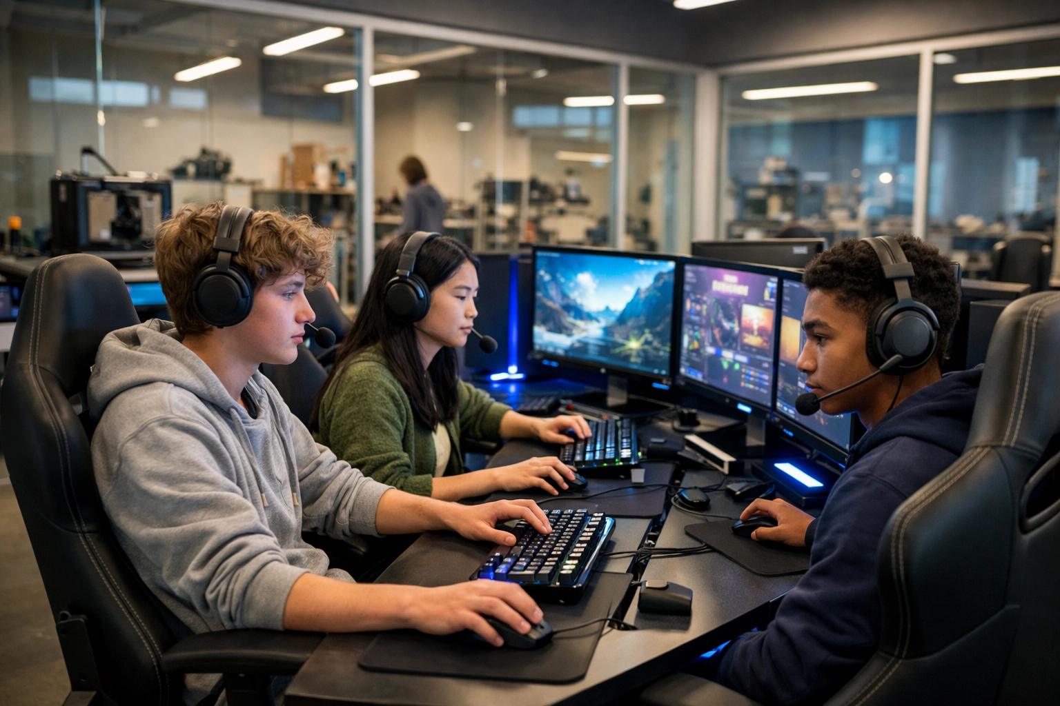 High school students training for tech careers using professional esports pods and simulation technology.