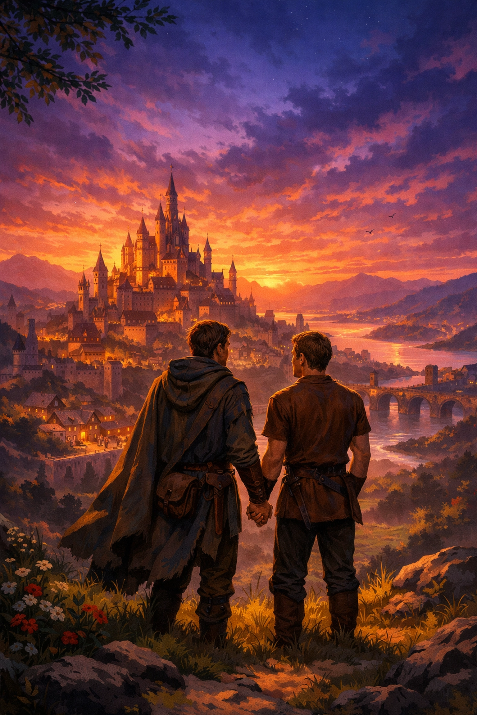 A gay couple overlooking a medieval kingdom at sunset, representing escapism in MM fantasy romance.
