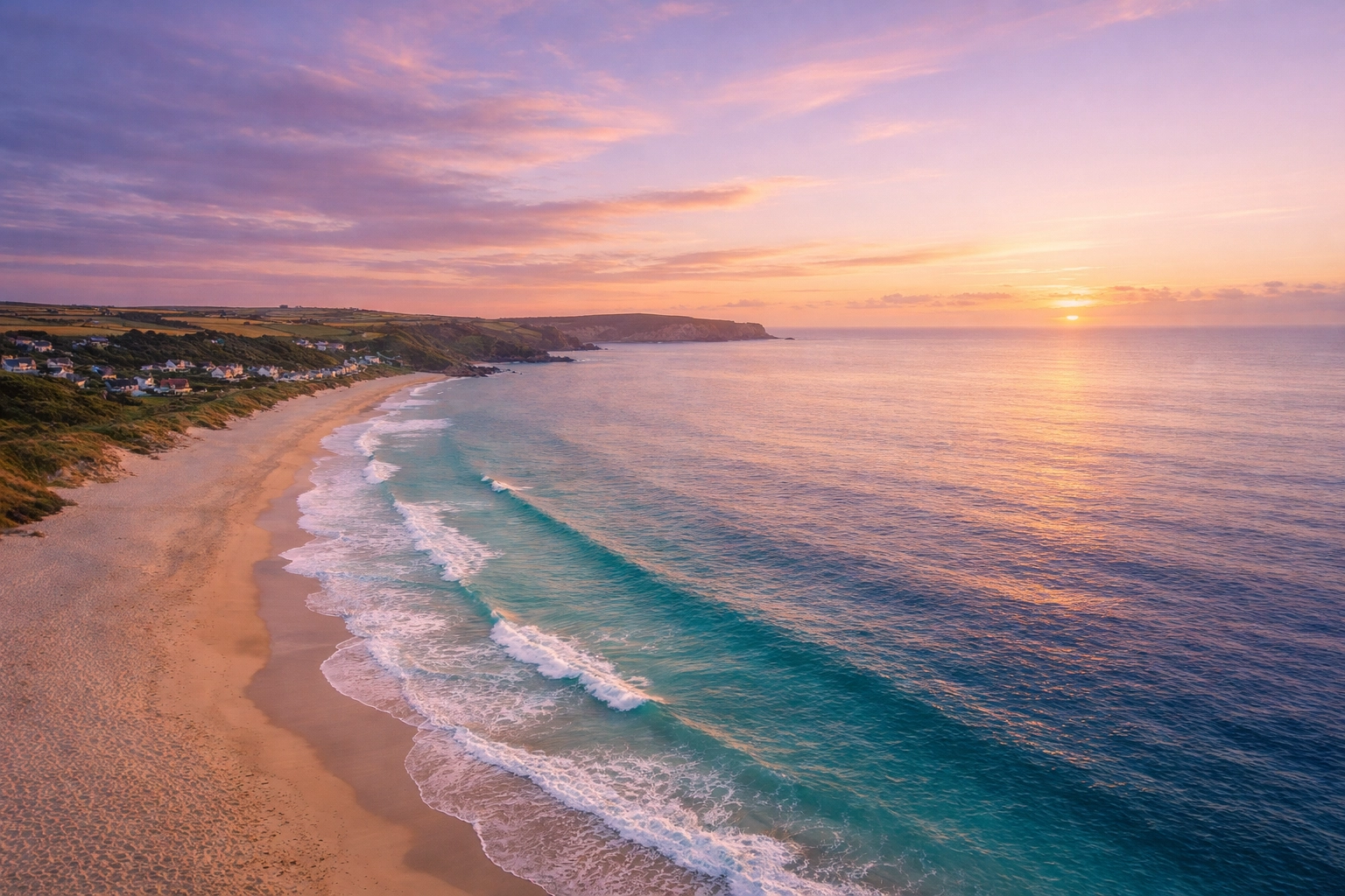 Serene aerial view of Praa Sands beach in Cornwall, a peaceful setting for scattering ashes over the sea.