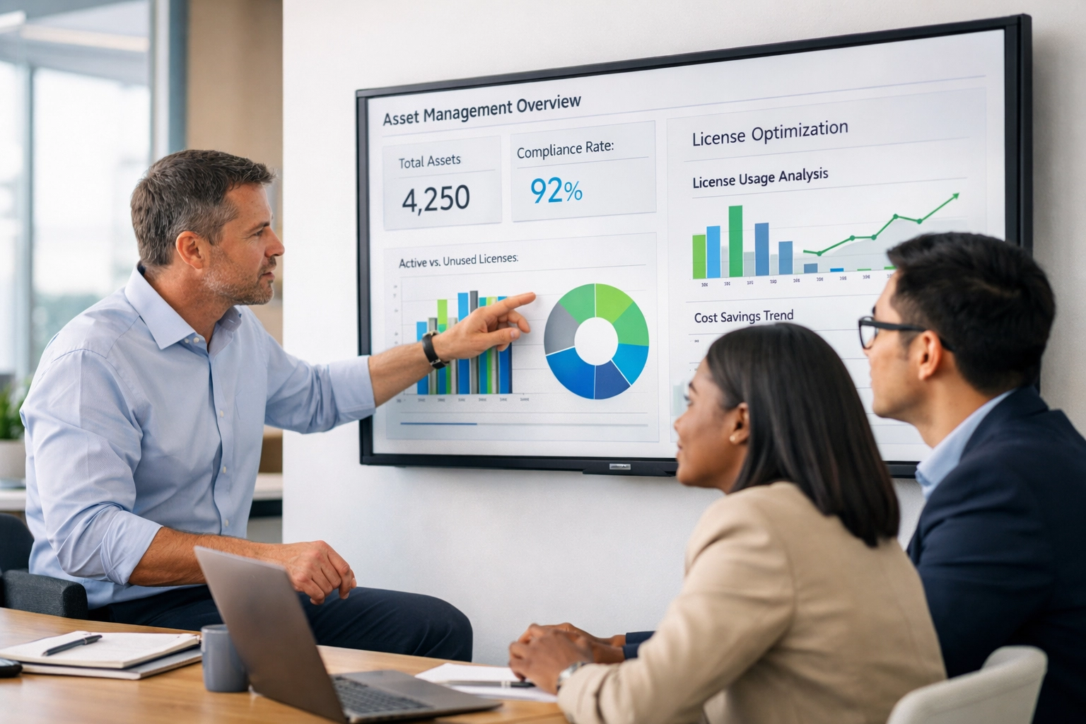 IT team collaborating on ITAM asset management strategy using ServiceNow Performance Analytics dashboards