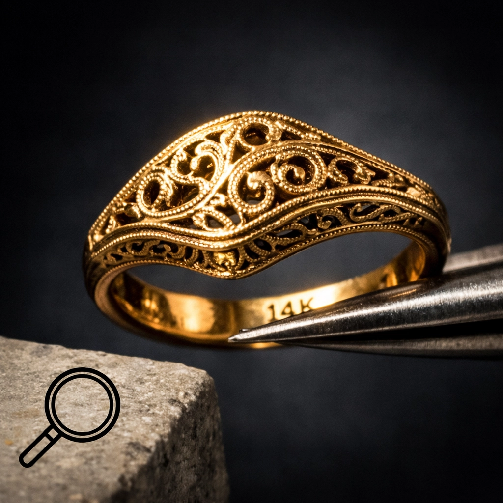 Professional inspection of a vintage 14k gold ring for jewelry appraisal in Columbus Ohio.
