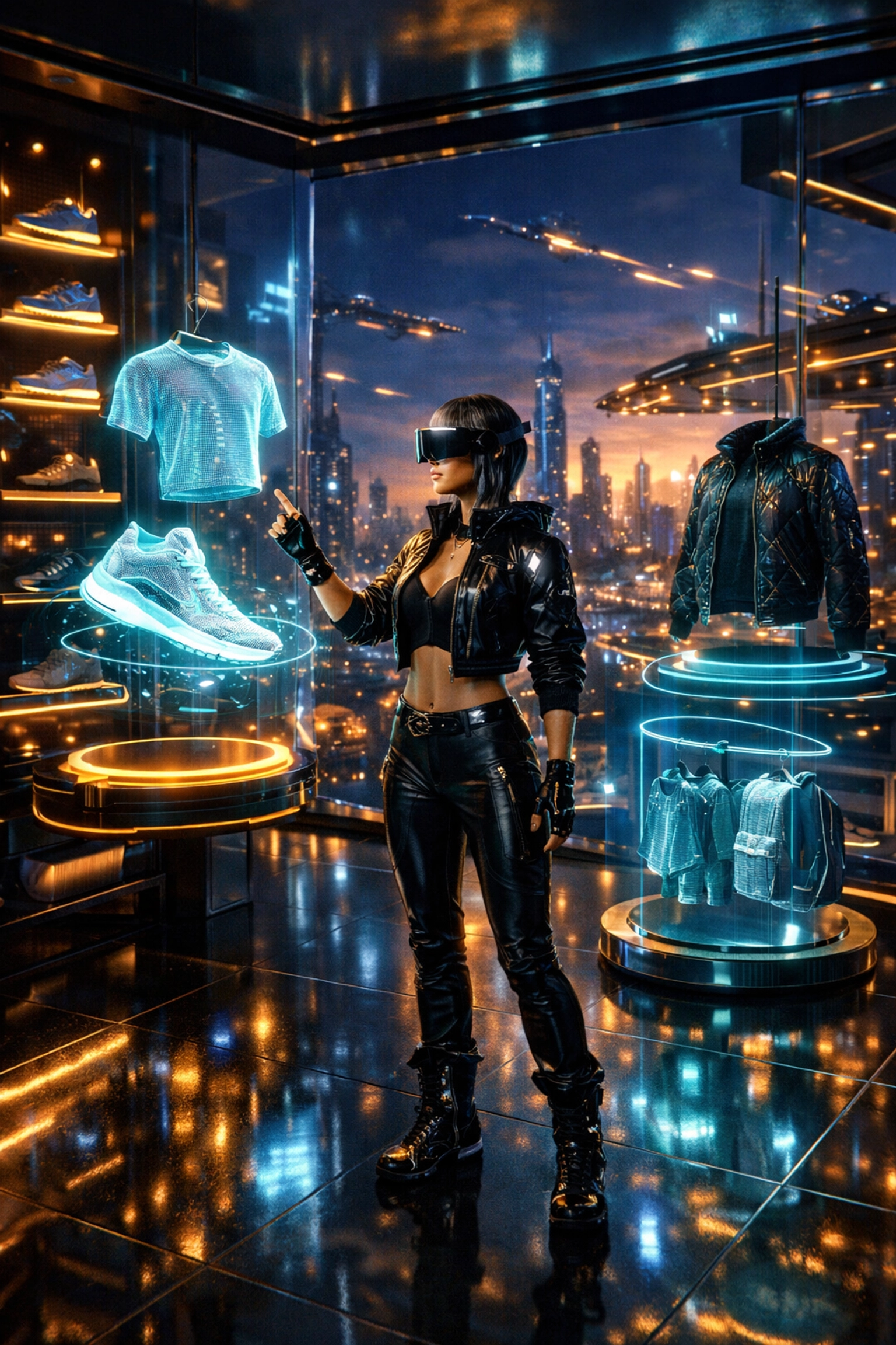 AI-driven metaverse shopping experience showing a digital avatar interacting with Web3 commerce holograms.