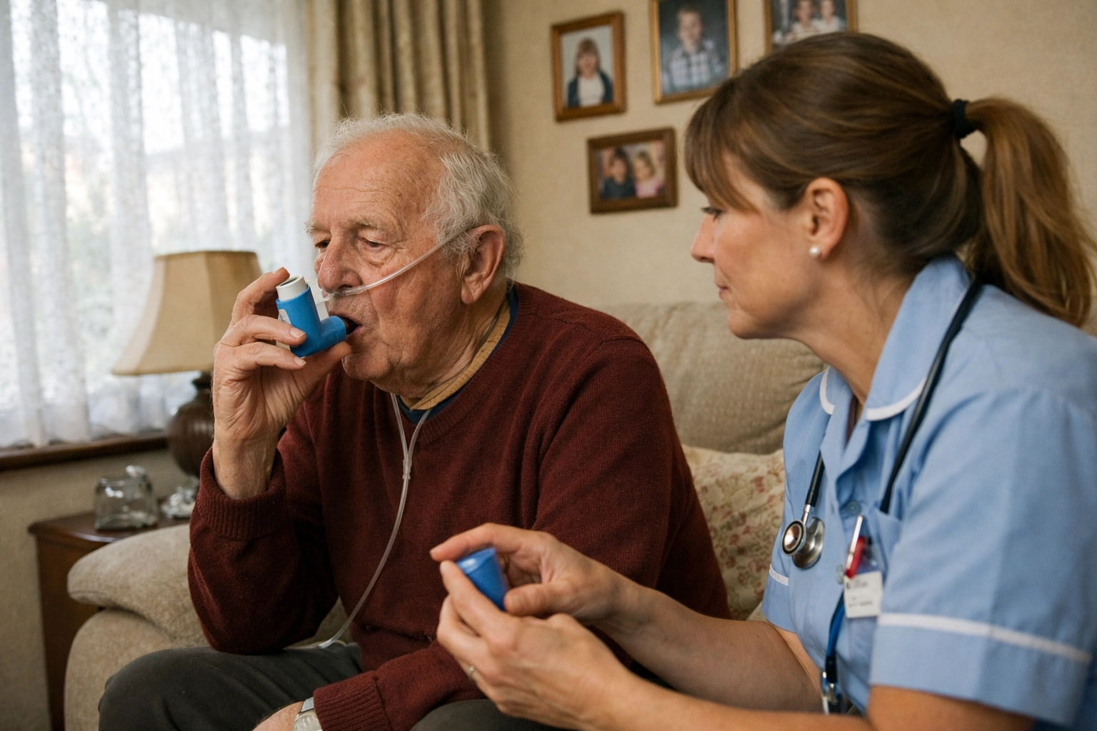Community respiratory nurse conducting home visit with COPD patient checking inhaler technique
