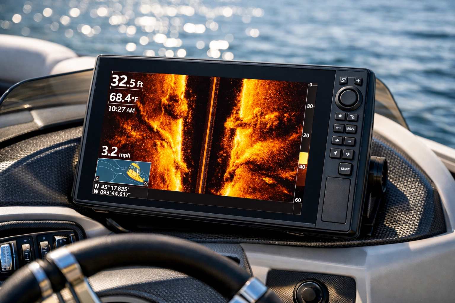 Advanced fish finder and sonar display on a pontoon boat helm for detecting underwater structures.