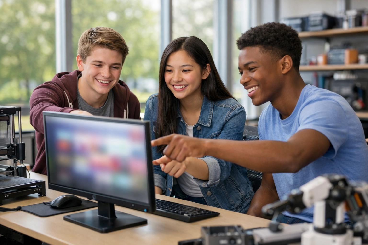 High school students collaborating in a modern tech lab during a Dakdan simulation-based education session.
