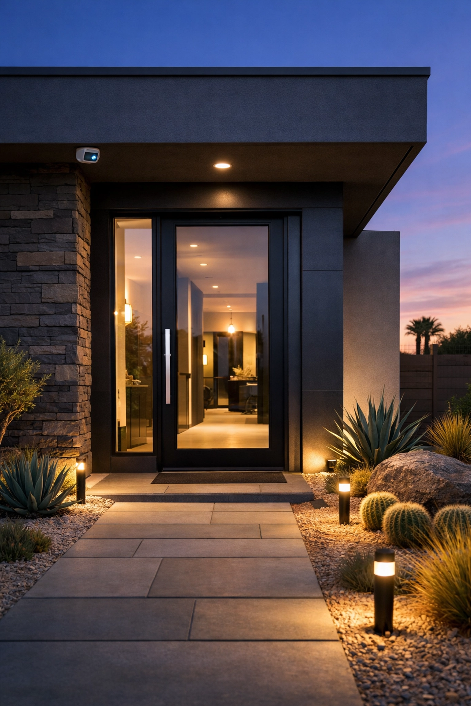 Discreet smart security camera integrated into a modern Maricopa County home entrance at dusk for safety.