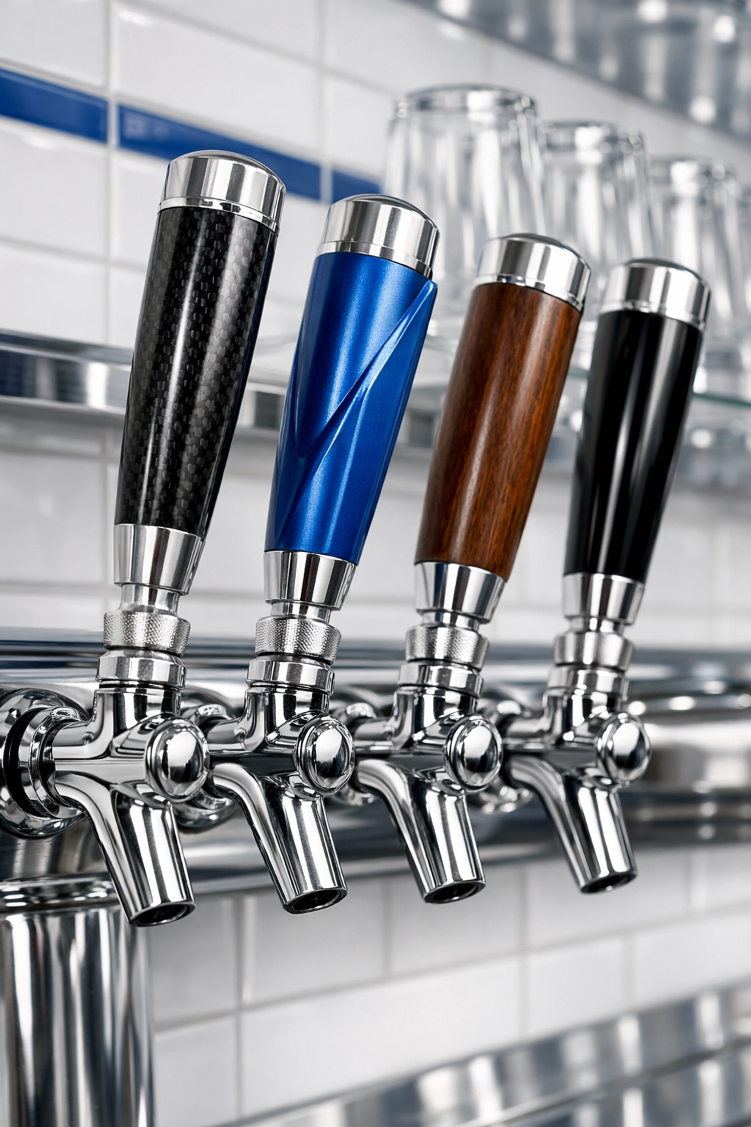 Polished beer tap handles and sanitized back-bar surfaces in a professionally cleaned Worcester brewery.