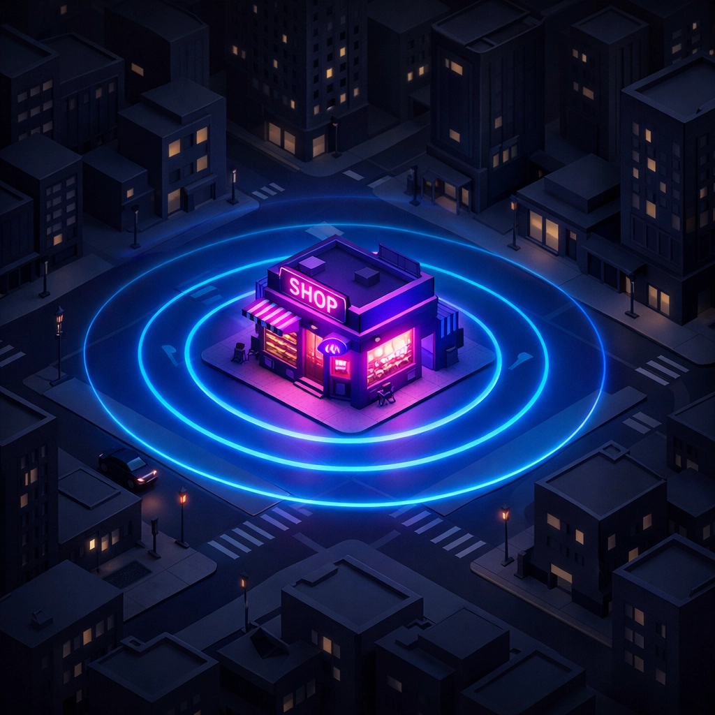 A bright neon storefront in a dark city grid, highlighting local SEO visibility for small businesses.