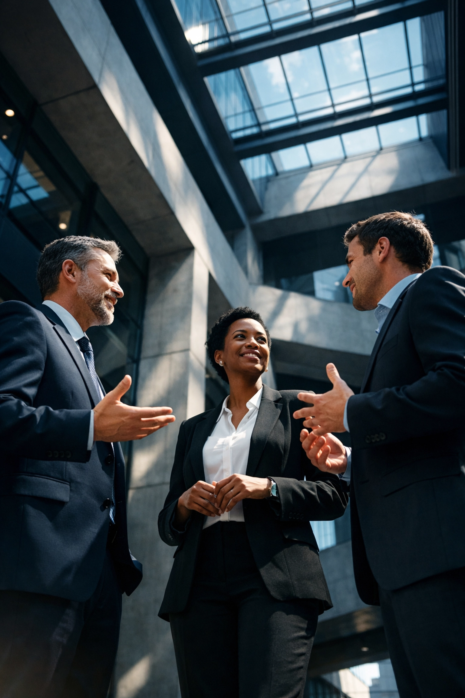 Professionals discussing crisis leadership and soft skills in a modern, light-filled corporate atrium.
