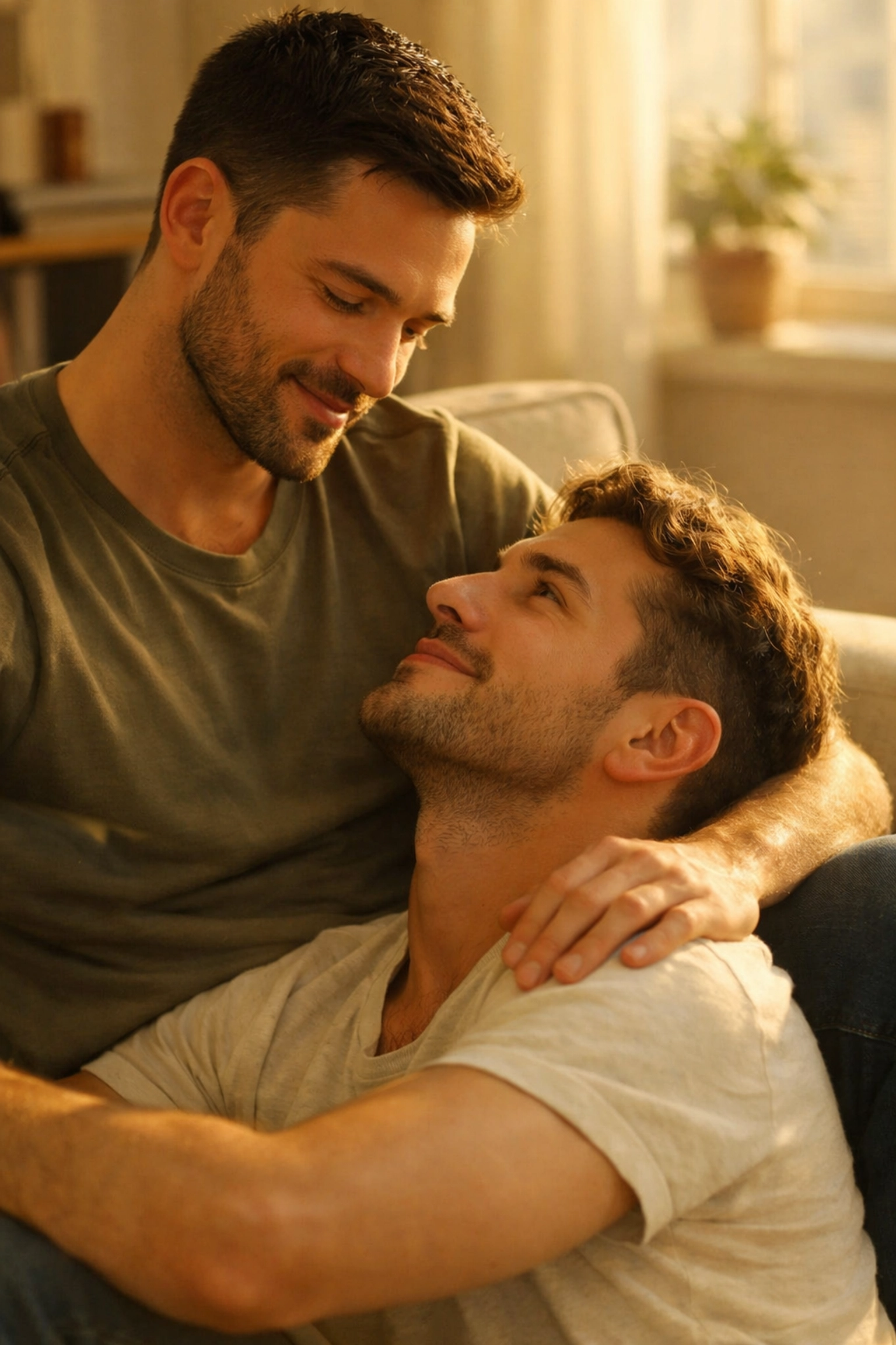 Two men sharing sweet queer intimacy at home, like a slow-burn MM romance moment