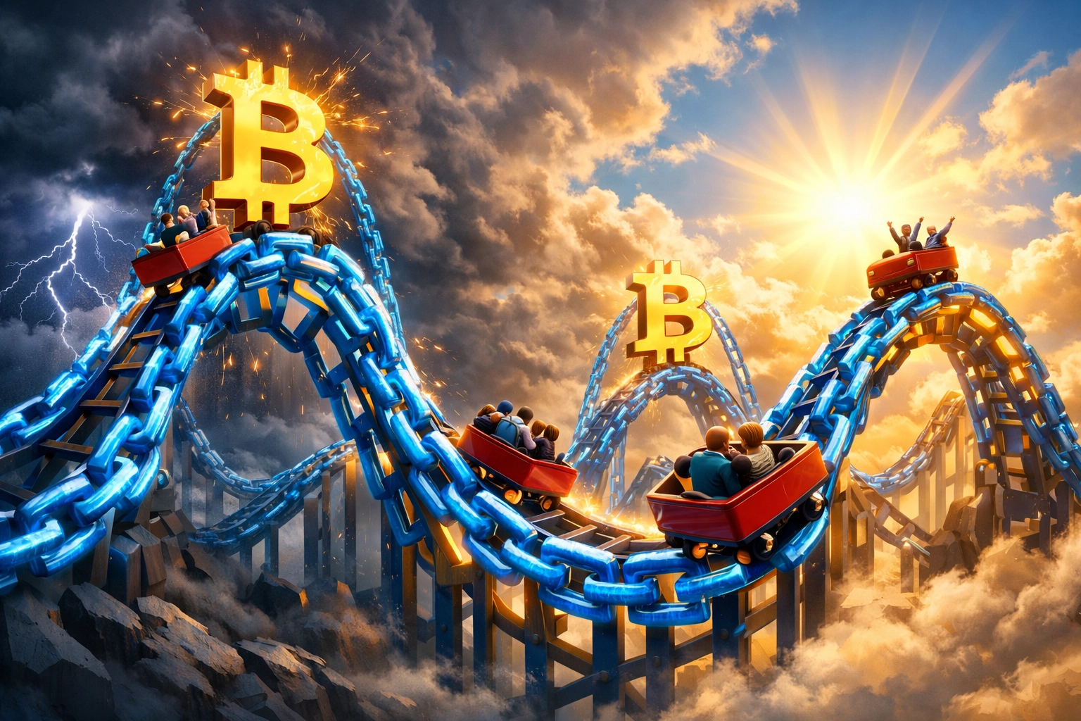 Crypto market volatility illustrated through blockchain roller coaster showing dramatic price cycles