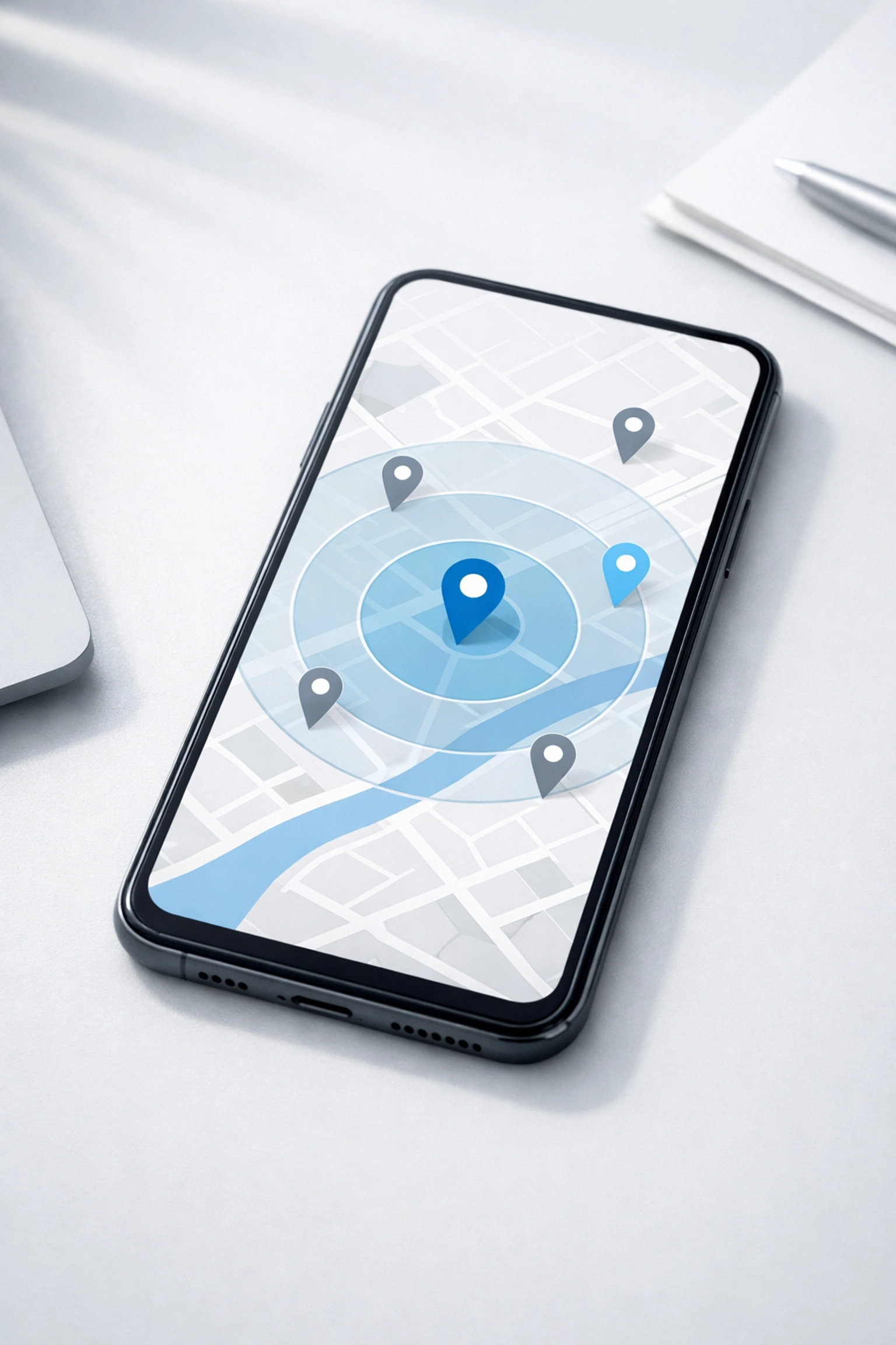 Smartphone displaying map with multiple location pins for local business search results