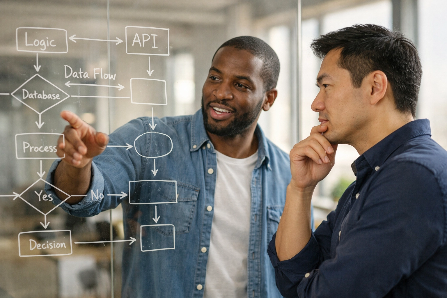 ServiceNow implementation partner consultants analyzing ITOM and ITAM process maps in a modern office.
